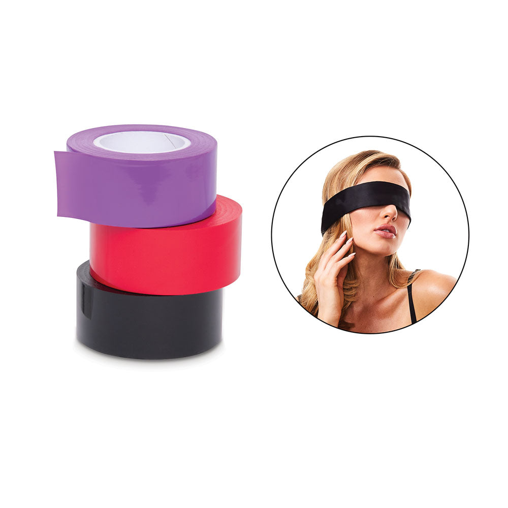 WhipSmart Bondage Tape 3-Pack with Blindfold - Set of 3 Coloured Bondage Tapes and Bonus Satin Blindfold WhipSmart