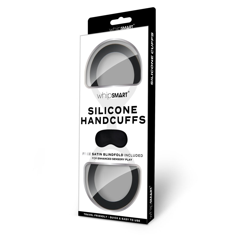 WhipSmart Silicone Handcuffs - Black - Black Restraint with Bonus Blindfold WhipSmart
