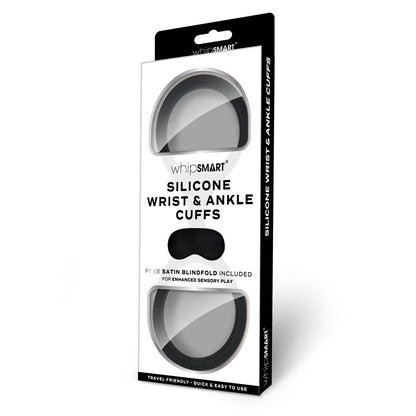 WhipSmart Silicone Wrist & Ankle Cuffs - Black - Black Restraints with Bonus Eye Mask WhipSmart