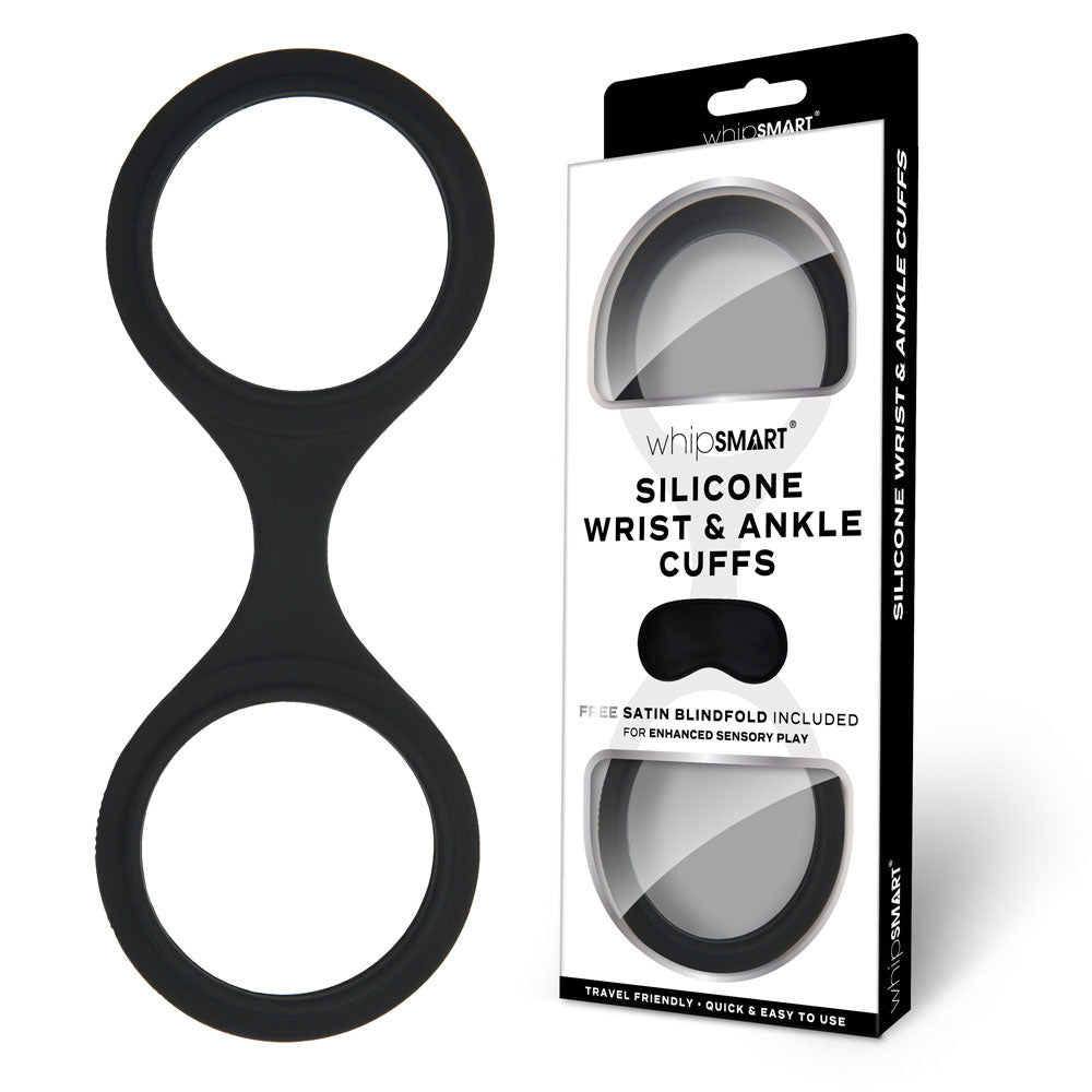 WhipSmart Silicone Wrist & Ankle Cuffs - Black - Black Restraints with Bonus Eye Mask WhipSmart