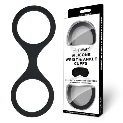 WhipSmart Silicone Wrist & Ankle Cuffs - Black - Black Restraints with Bonus Eye Mask WhipSmart