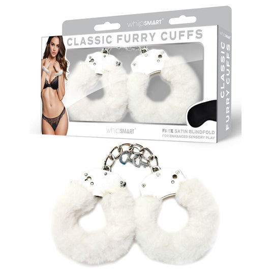 WhipSmart Classic Furry Cuffs - White - White Furry Restraints with Bonus Eye Mask WhipSmart
