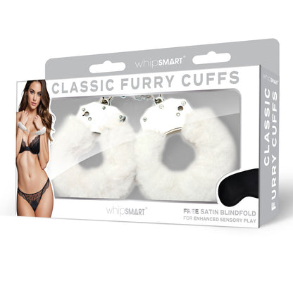 WhipSmart Classic Furry Cuffs - White - White Furry Restraints with Bonus Eye Mask WhipSmart