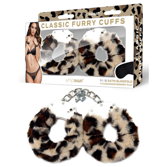 WhipSmart Classic Furry Cuffs - Leopard - Leopard Furry Restraints with Bonus Eye Mask WhipSmart