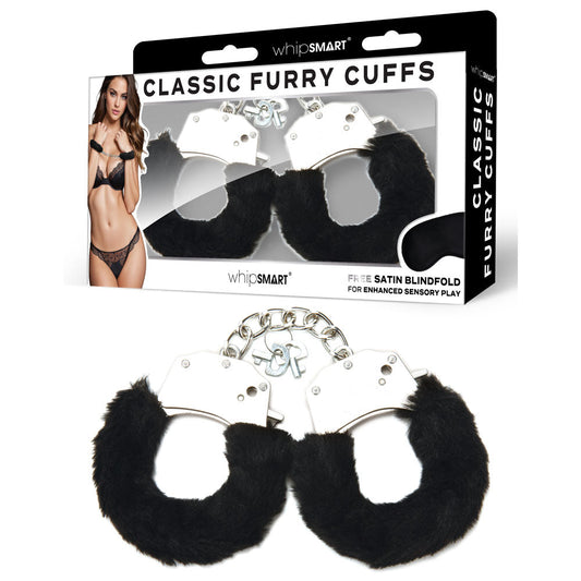WhipSmart Classic Furry Cuffs - Black - Black Furry Restraints with Bonus Eye Mask WhipSmart