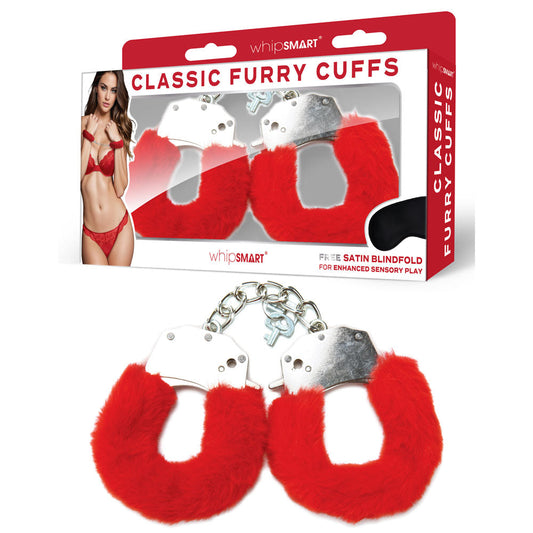 WhipSmart Classic Furry Cuffs - Red - Red Furry Restraints with Bonus Eye Mask WhipSmart