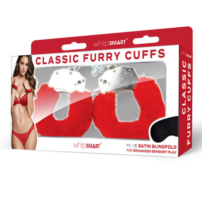 WhipSmart Classic Furry Cuffs - Red - Red Furry Restraints with Bonus Eye Mask WhipSmart