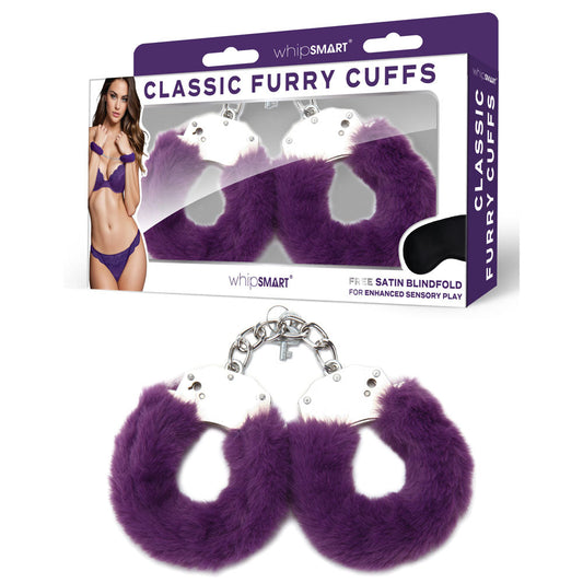 WhipSmart Classic Furry Cuffs - Purple - Purple Furry Restraints with Bonus Eye Mask WhipSmart