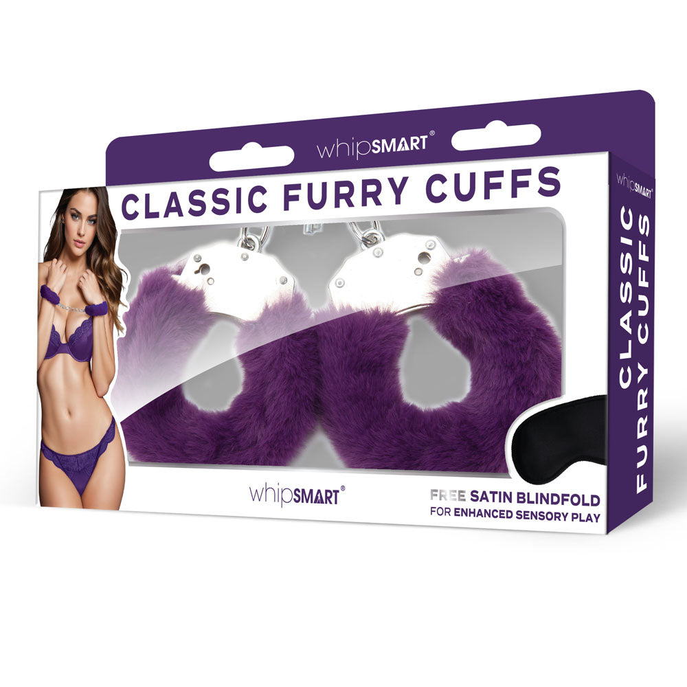 WhipSmart Classic Furry Cuffs - Purple - Purple Furry Restraints with Bonus Eye Mask WhipSmart
