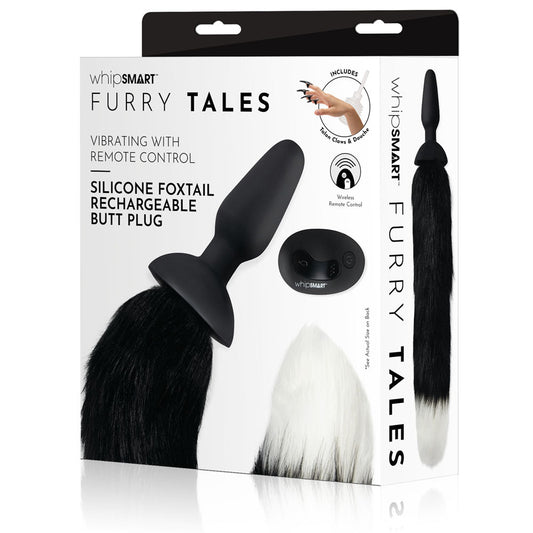 WhipSmart Furry Tales Silicone Foxtail Rechargeable Butt Plug - Black 9.5 cm Vibrating Butt Plug with Black Fox Tail & Remote Control Black - Club X