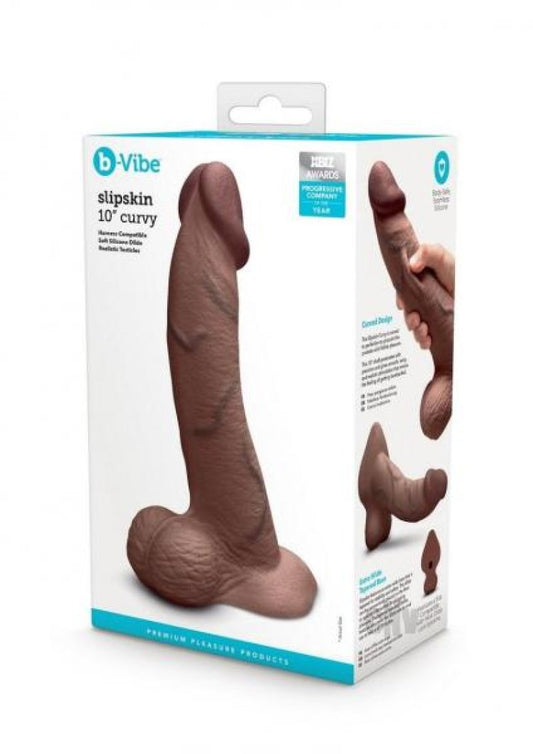 b-Vibe Slipskin Realistic Silicone Dildo - 10" Curved Brown COTR