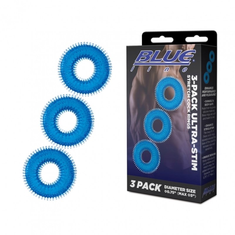 Blue Line 3-pack ultra-stim stretch cock rings - ClubX Australia