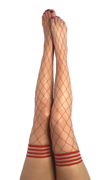 Kixies CLAUDIA Large Diamond Red Fishnet Thigh Highs - Red - Size C