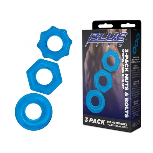 Blue Line 3-Pack Nuts & Bolts Stretch Cock Ring Set Electric Eel, Inc
