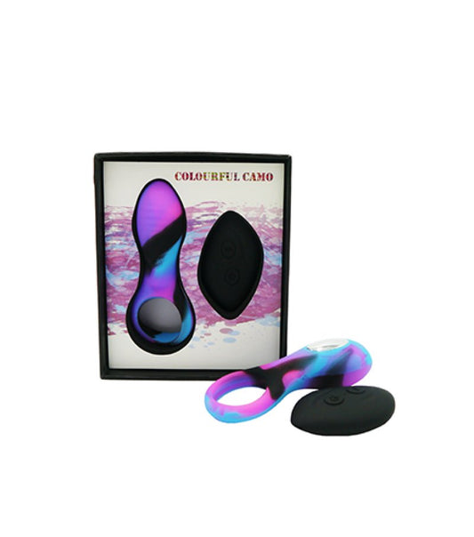 Colourful Camo Bravo Remote Control Cock Ring Blue Colourful Camo