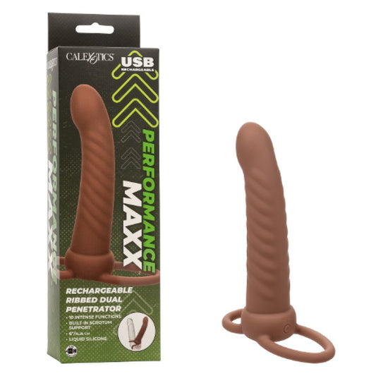 Performance Maxx Rechargeable Ribbed Dual Penetrator - Brown Cock Ring Calexotics