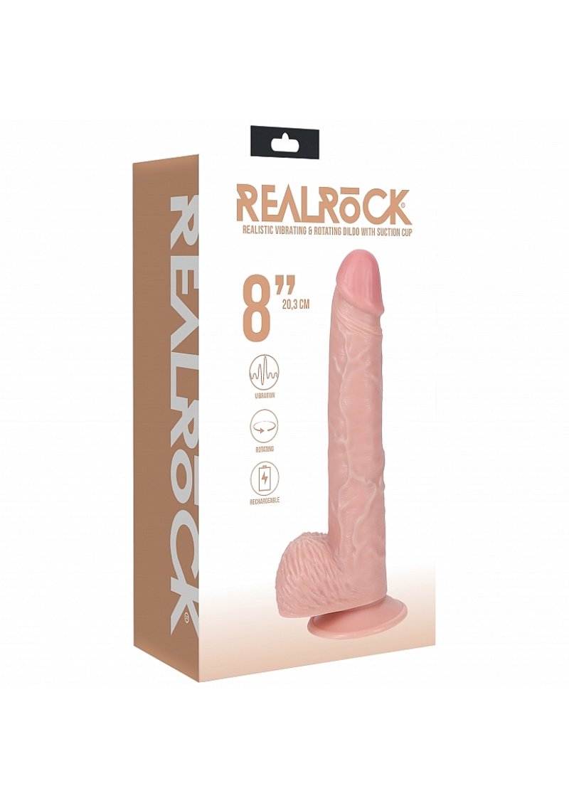 REALROCK 20cm Vibrating + Rotating Cock + Balls - Flesh - Flesh 20.3 cm (8'') USB Rechargeable Vibrating and Rotating Dong realrock