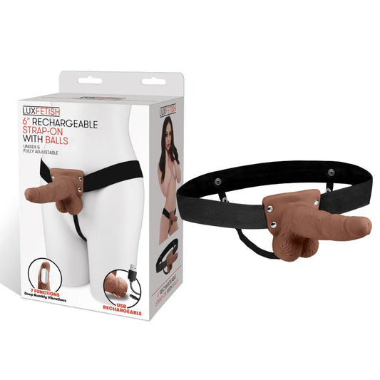 Lux Fetish 6" Rechargeable Strap-on With Balls - Brown Electric Eel, Inc