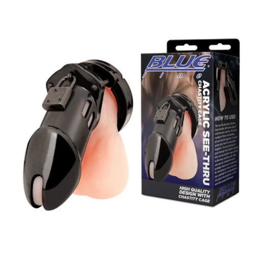Blue Line Acrylic See-thru Chastity Cock Cage Black Cock Ring Electric Eel, Inc