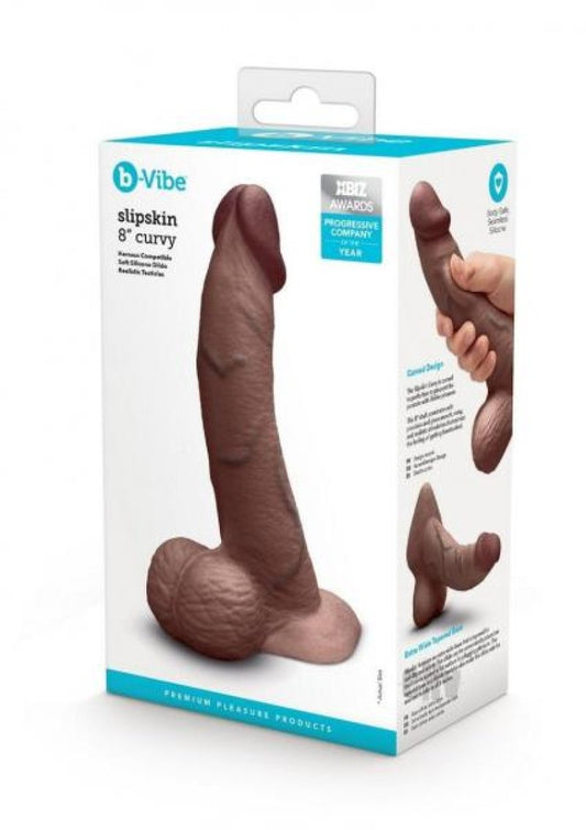 b-Vibe Slipskin Realistic Silicone Dildo - 8" Curved Brown COTR