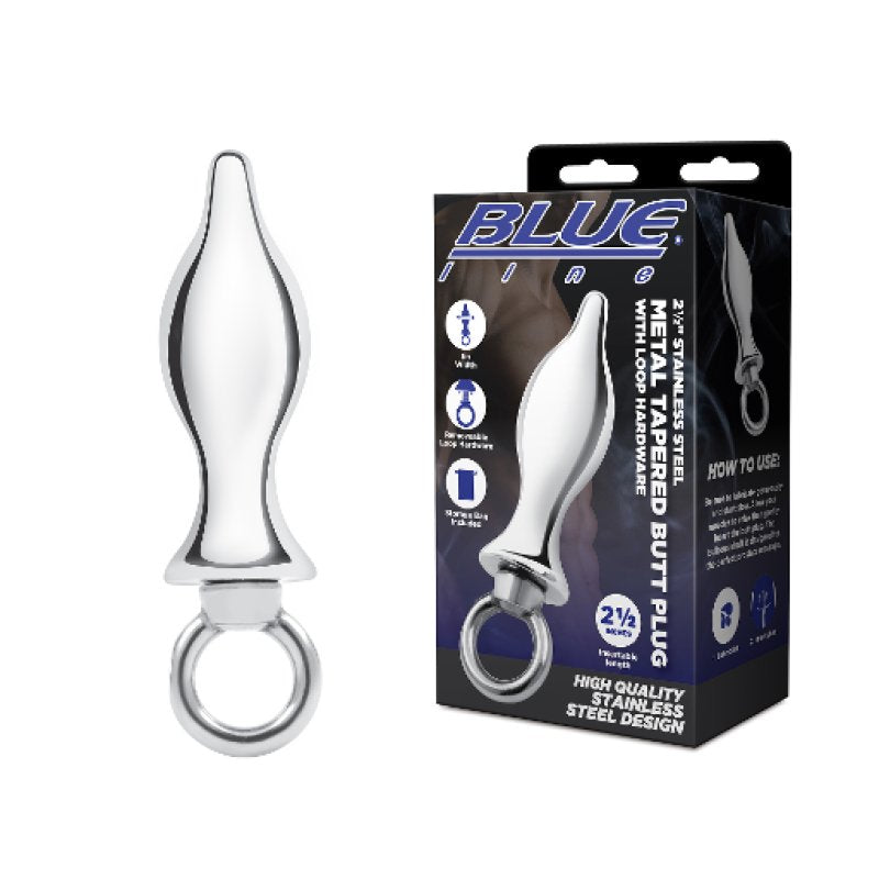 Blue Line 2.5 inch stainless steel metal tapered butt plug with loop hardware - ClubX Australia