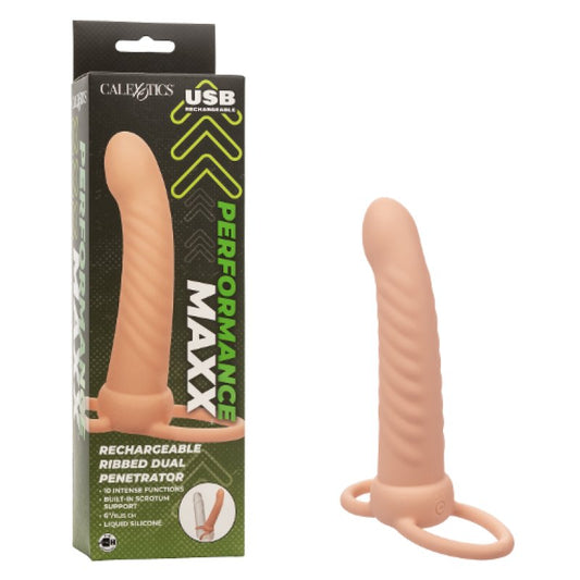 Performance Maxx Rechargeable Ribbed Dual Penetrator - Ivory Cock Ring Calexotics