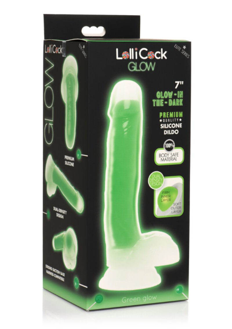 Curve Toys Lollicock 7 inch glow in the dark silicone dildo with balls green - ClubX Australia