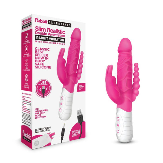 Rabbit Essentials Rechargeable Slim Double Penetration Rabbit - Hot Pink Electric Eel, Inc