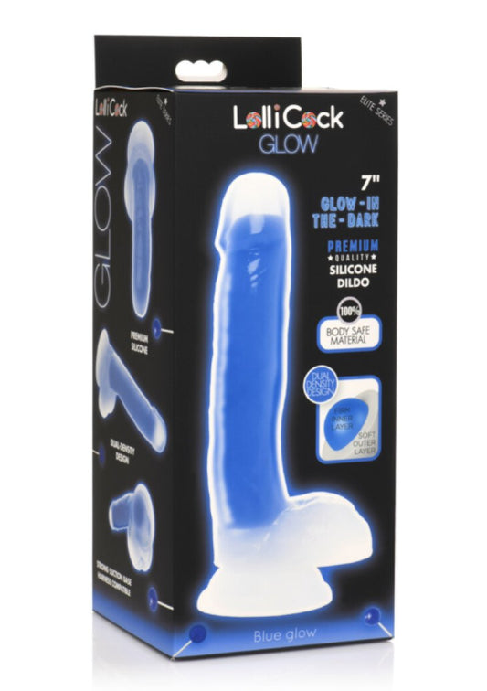 Lollicock 7" Glow-in-the-Dark Silicone Dildo with Balls Blue Curve Toys