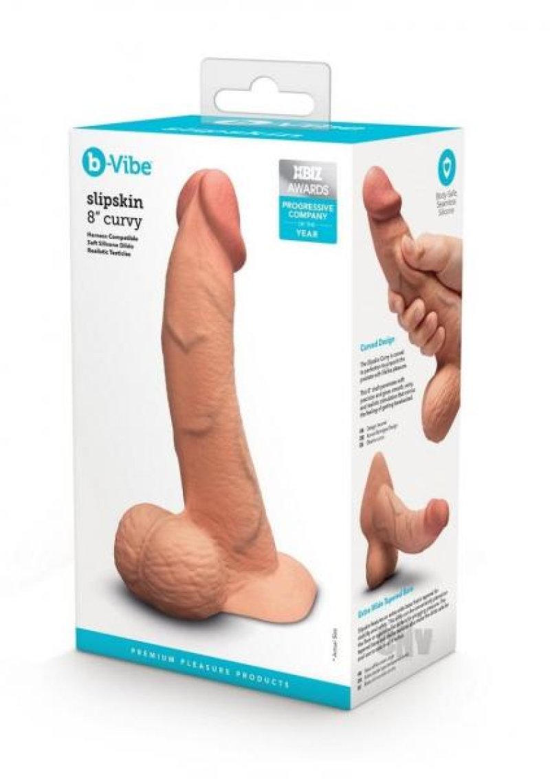 b-Vibe Slipskin 8 inch curved realistic dildo mocha - ClubX Australia