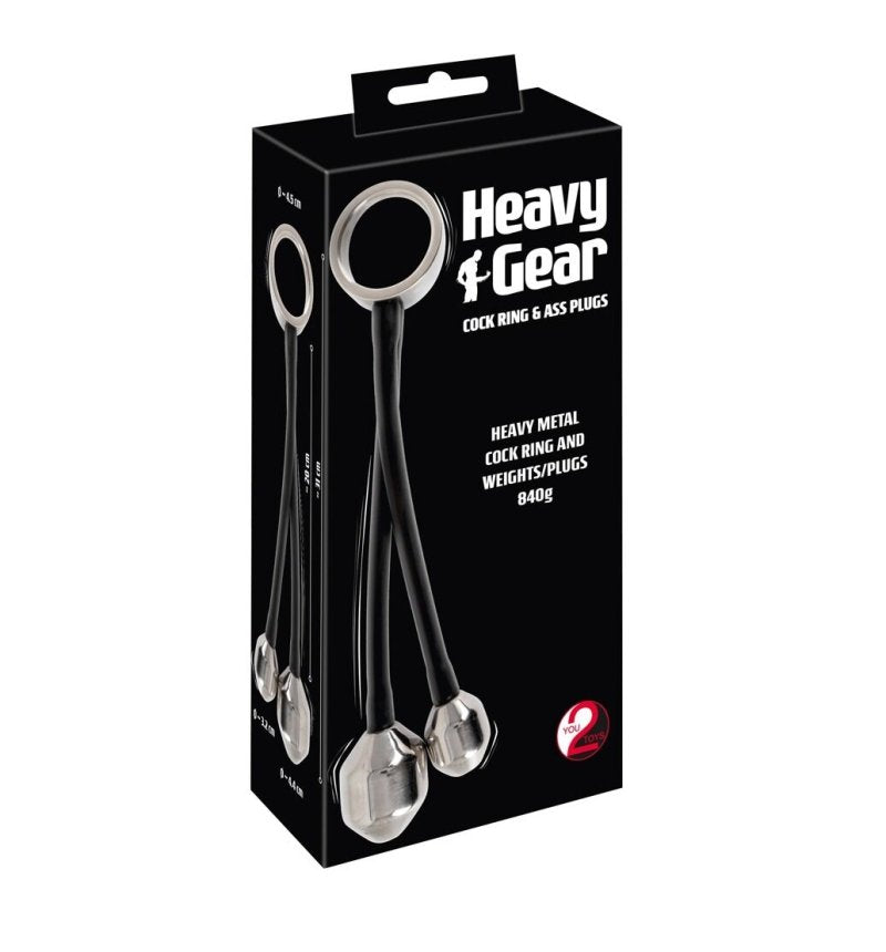 You2Toys Heavy Gear metal cock ring with weighted plugs - ClubX Australia