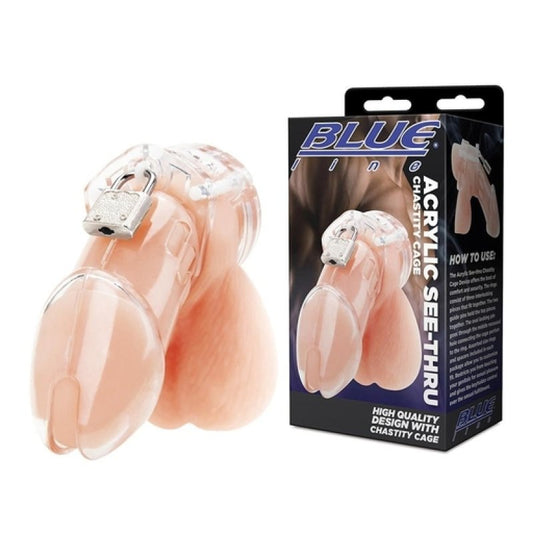 Blue Line Acrylic See-Thru Chastity Cage Cock Ring Electric Eel, Inc