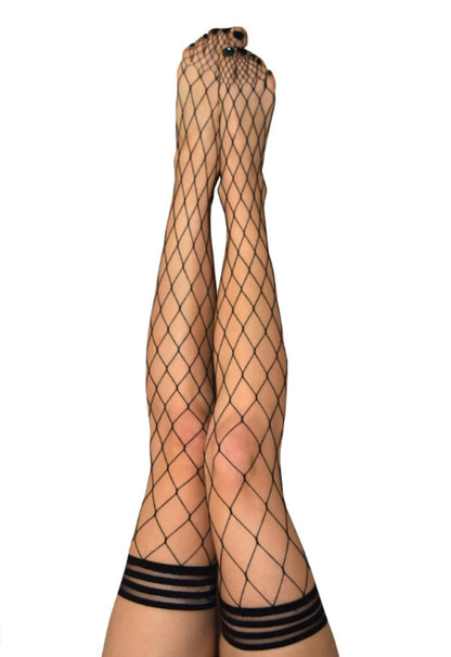 Kixies MICHELLE Large Diamond Black Fishnet Thigh Highs - Black - Size D