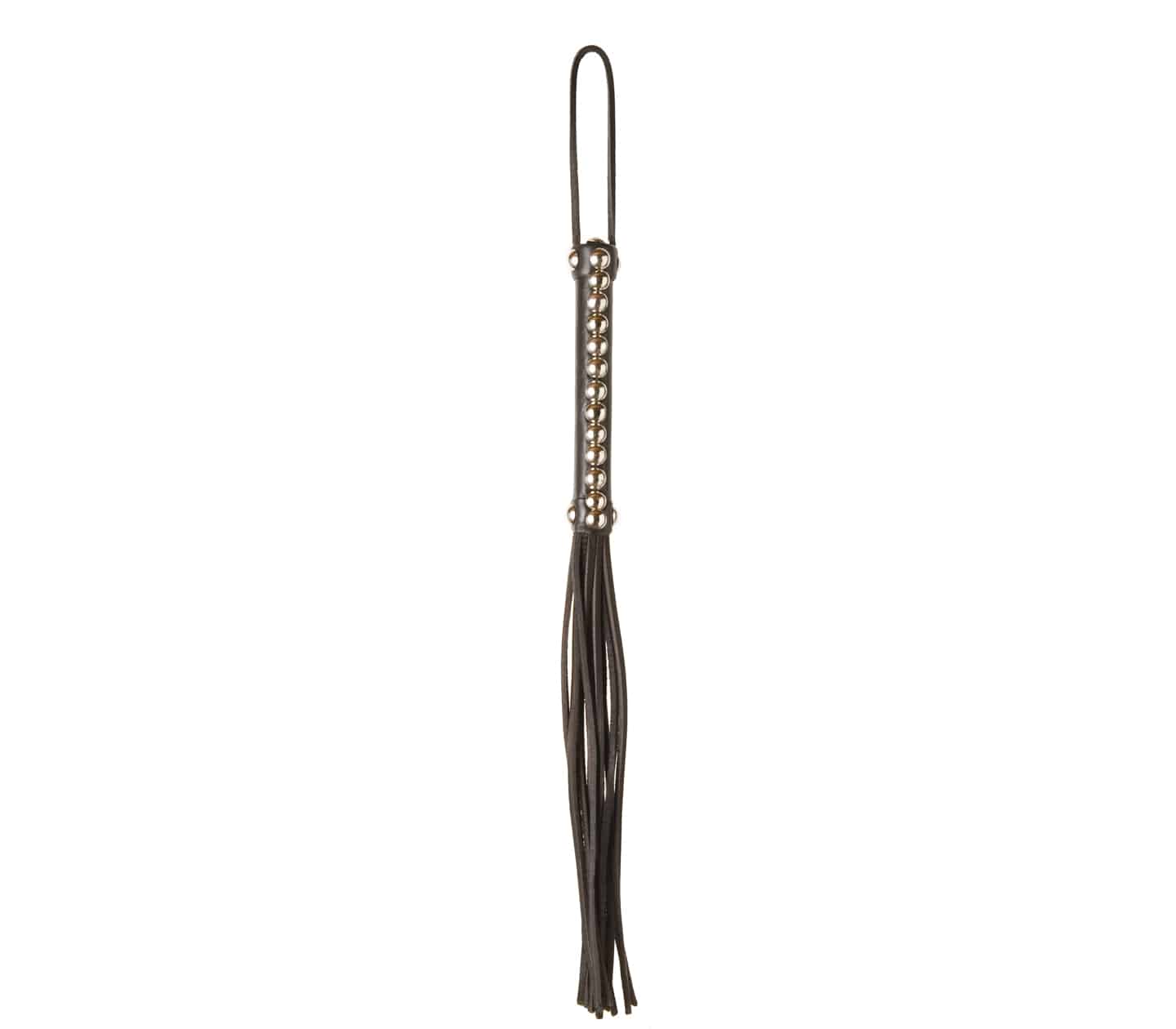Love in Leather Black Studded Willy Whip with genuine leather tails, silver-tone studded handle and wrist loop