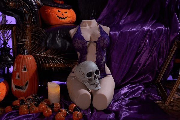 Tantaly torso doll in purple lace lingerie with a skull
