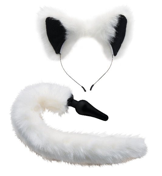 Anal Plug And Ears Set White Fox Tail  - Club X
