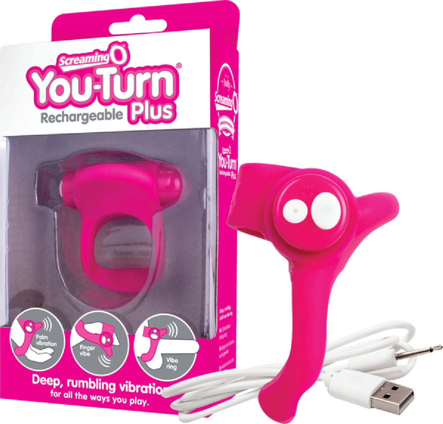 Screaming O You-Turn Rechargeable Plus Finger Vibe And Cock Ring Strawberry - Club X