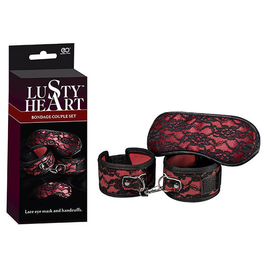 Lusty Heart Cuffs + Eyemask - Red  - Club X